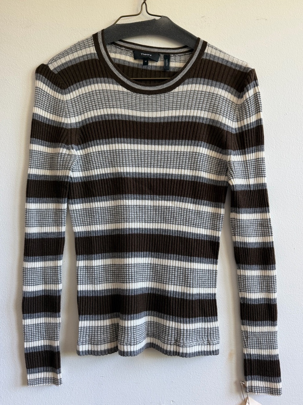 Theory Striped Ribbed Crewneck Top - Brown, Gray, White